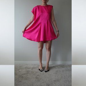 Zara Fuchsia Pink Flare Asymmetrical Sleeveless Shoulder Pad Satin Dress Size S